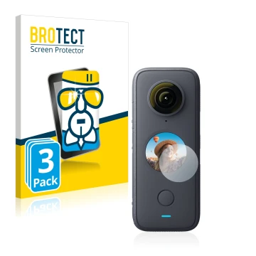 Parte frontal de un envase de producto con el logotipo de la marca BROTECT. Al lado se muestra el dispositivo Insta360 One X2 