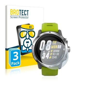 Parte frontal de un envase de producto con el logotipo de la marca BROTECT. Al lado se muestra el dispositivo Coros Apex Pro c