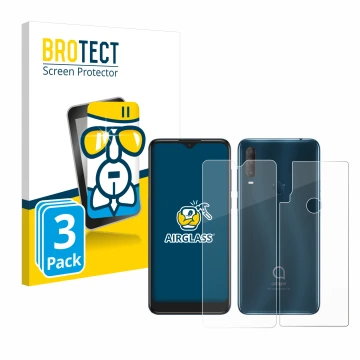 Parte frontal de un envase de producto con el logotipo de la marca BROTECT. Al lado se muestra el dispositivo Alcatel 1S 2020 