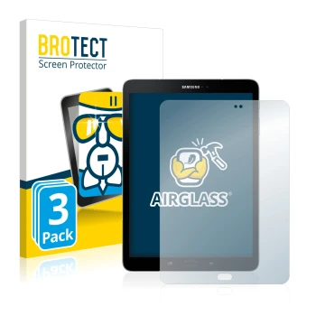 Parte frontal de un envase de producto con el logotipo de la marca BROTECT. Al lado se muestra el dispositivo Samsung Galaxy T