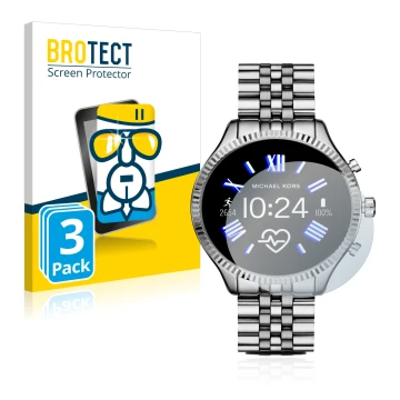 Parte frontal de un envase de producto con el logotipo de la marca BROTECT. Al lado se muestra el dispositivo Michael Kors Acc