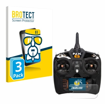 Parte frontal de un envase de producto con el logotipo de la marca BROTECT. Al lado se muestra el dispositivo Spektrum NX10 co