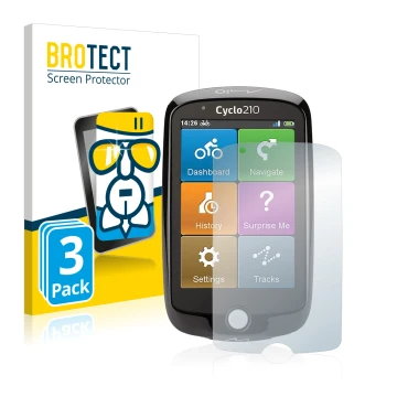 Parte frontal de un envase de producto con el logotipo de la marca BROTECT. Al lado se muestra el dispositivo Mio Cyclo 210 co
