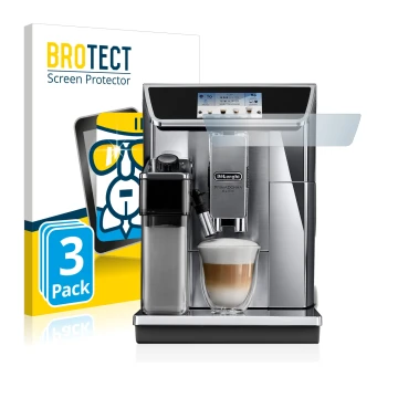 Parte frontal de un envase de producto con el logotipo de la marca BROTECT. Al lado se muestra el dispositivo DeLonghi PrimaDo