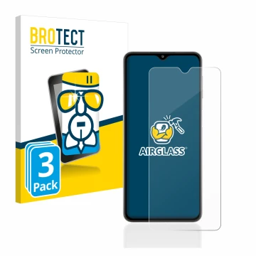 Parte frontal de un envase de producto con el logotipo de la marca BROTECT. Al lado se muestra el dispositivo Samsung Galaxy A