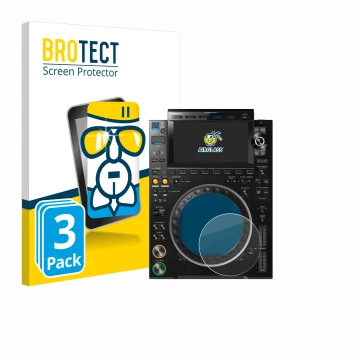 Parte frontal de un envase de producto con el logotipo de la marca BROTECT. Al lado se muestra el dispositivo Pioneer CDJ 3000