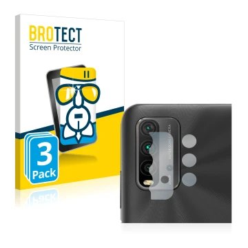 Parte frontal de un envase de producto con el logotipo de la marca BROTECT. Al lado se muestra el dispositivo Xiaomi Redmi 9T 