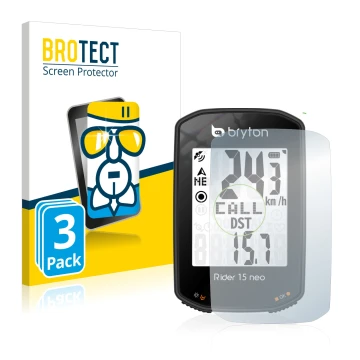 Parte frontal de un envase de producto con el logotipo de la marca BROTECT. Al lado se muestra el dispositivo Bryton Rider 15 