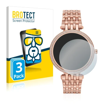 Parte frontal de un envase de producto con el logotipo de la marca BROTECT. Al lado se muestra el dispositivo Michael Kors Acc