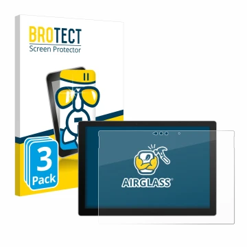 Parte frontal de un envase de producto con el logotipo de la marca BROTECT. Al lado se muestra el dispositivo Microsoft Surfac