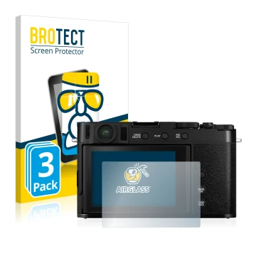 Parte frontal de un envase de producto con el logotipo de la marca BROTECT. Al lado se muestra el dispositivo Fujifilm X-E4 co