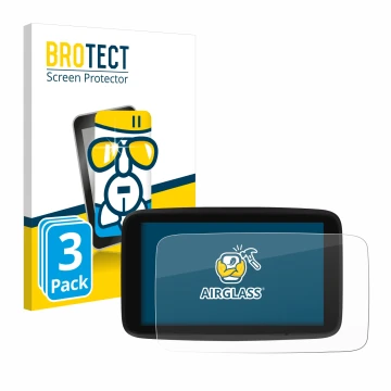 Parte frontal de un envase de producto con el logotipo de la marca BROTECT. Al lado se muestra el dispositivo TomTom GO Discov