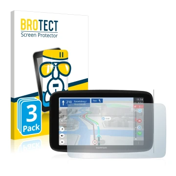 Parte frontal de un envase de producto con el logotipo de la marca BROTECT. Al lado se muestra el dispositivo TomTom GO Discov