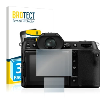Parte frontal de un envase de producto con el logotipo de la marca BROTECT. Al lado se muestra el dispositivo Fujifilm GFX100S