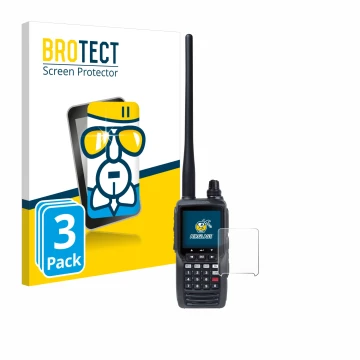 Parte frontal de un envase de producto con el logotipo de la marca BROTECT. Al lado se muestra el dispositivo Yaesu FTA-550 co