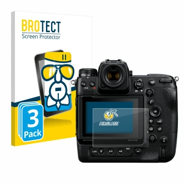 Parte frontal de un envase de producto con el logotipo de la marca BROTECT. Al lado se muestra el dispositivo Nikon Z 9 con su