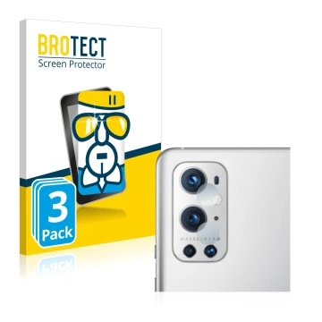 Parte frontal de un envase de producto con el logotipo de la marca BROTECT. Al lado se muestra el dispositivo OnePlus 9 Pro (S