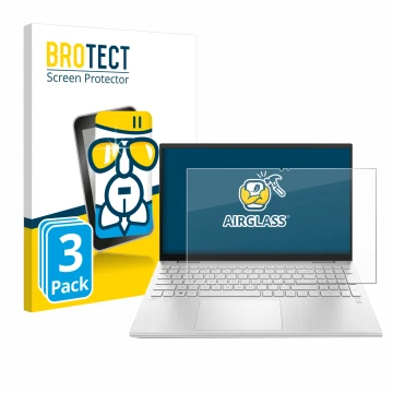 Parte frontal de un envase de producto con el logotipo de la marca BROTECT. Al lado se muestra el dispositivo HP Pavilion x360