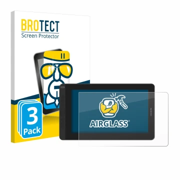 Parte frontal de un envase de producto con el logotipo de la marca BROTECT. Al lado se muestra el dispositivo Huion Kamvas 13 