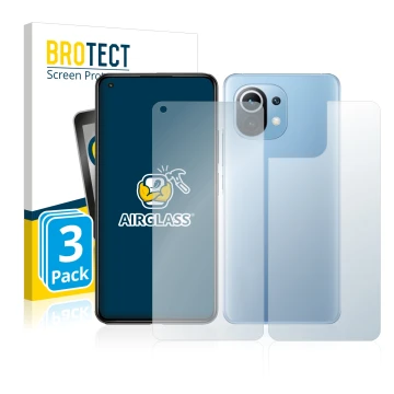 Parte frontal de un envase de producto con el logotipo de la marca BROTECT. Al lado se muestra el dispositivo Xiaomi Mi 11 Lit