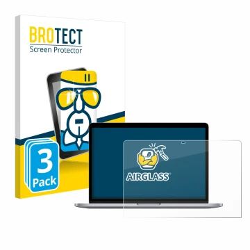 Parte frontal de un envase de producto con el logotipo de la marca BROTECT. Al lado se muestra el dispositivo Apple MacBook Pr