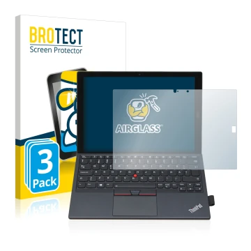 Parte frontal de un envase de producto con el logotipo de la marca BROTECT. Al lado se muestra el dispositivo Lenovo ThinkPad 