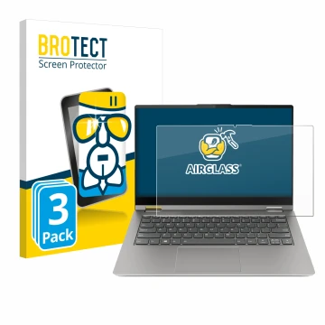 Parte frontal de un envase de producto con el logotipo de la marca BROTECT. Al lado se muestra el dispositivo Lenovo ThinkBook