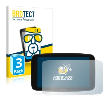 Parte frontal de un envase de producto con el logotipo de la marca BROTECT. Al lado se muestra el dispositivo TomTom Go Expert