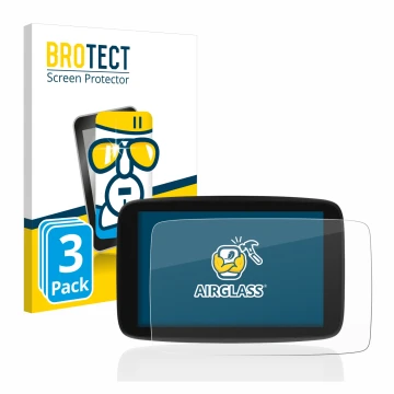 Parte frontal de un envase de producto con el logotipo de la marca BROTECT. Al lado se muestra el dispositivo TomTom Go Expert