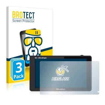 Parte frontal de un envase de producto con el logotipo de la marca BROTECT. Al lado se muestra el dispositivo Feelworld LUT6 6