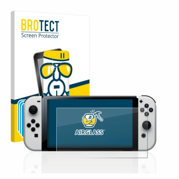 Parte frontal de un envase de producto con el logotipo de la marca BROTECT. Al lado se muestra el dispositivo Nintendo Switch 