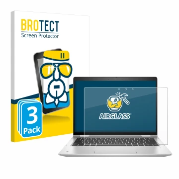 Parte frontal de un envase de producto con el logotipo de la marca BROTECT. Al lado se muestra el dispositivo HP ProBook x360 