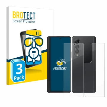 Parte frontal de un envase de producto con el logotipo de la marca BROTECT. Al lado se muestra el dispositivo Samsung Galaxy Z