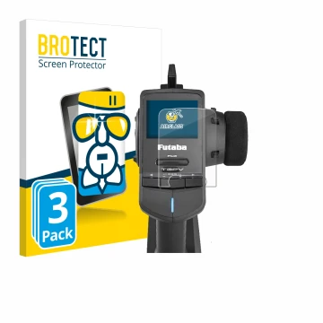 Parte frontal de un envase de producto con el logotipo de la marca BROTECT. Al lado se muestra el dispositivo Futaba T3PV con 