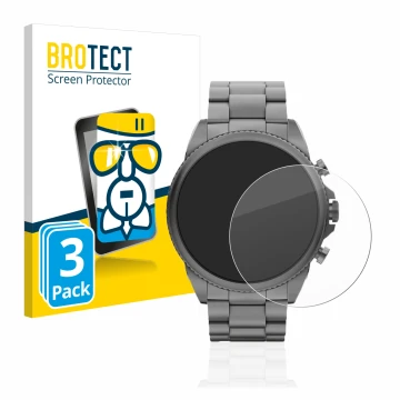 Parte frontal de un envase de producto con el logotipo de la marca BROTECT. Al lado se muestra el dispositivo Fossil Gen 6 (44