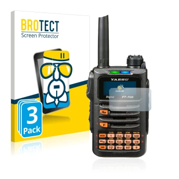 Parte frontal de un envase de producto con el logotipo de la marca BROTECT. Al lado se muestra el dispositivo Yaesu FT-70DR co