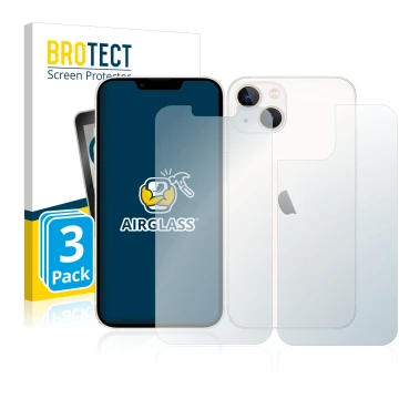 Parte frontal de un envase de producto con el logotipo de la marca BROTECT. Al lado se muestra el dispositivo Apple iPhone 13 