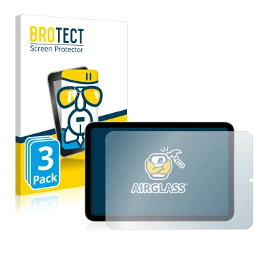 Parte frontal de un envase de producto con el logotipo de la marca BROTECT. Al lado se muestra el dispositivo Apple iPad Mini 