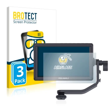 Parte frontal de un envase de producto con el logotipo de la marca BROTECT. Al lado se muestra el dispositivo Feelworld FW568 