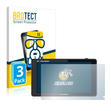 Parte frontal de un envase de producto con el logotipo de la marca BROTECT. Al lado se muestra el dispositivo Feelworld LUT6S 