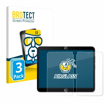 Parte frontal de un envase de producto con el logotipo de la marca BROTECT. Al lado se muestra el dispositivo Microsoft Surfac