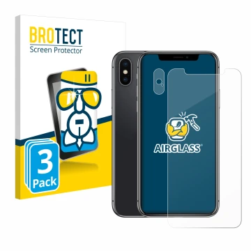 Parte frontal de un envase de producto con el logotipo de la marca BROTECT. Al lado se muestra el dispositivo Apple iPhone X (