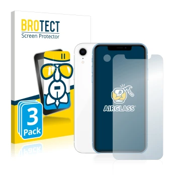 Parte frontal de un envase de producto con el logotipo de la marca BROTECT. Al lado se muestra el dispositivo Apple iPhone XR 
