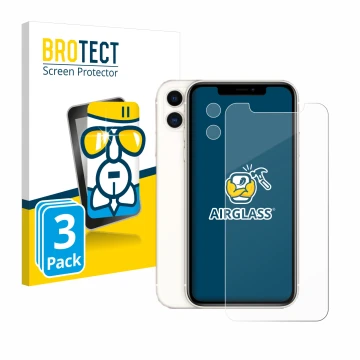 Parte frontal de un envase de producto con el logotipo de la marca BROTECT. Al lado se muestra el dispositivo Apple iPhone 11 