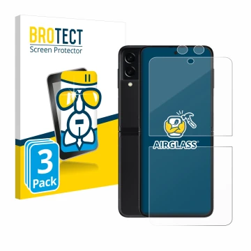 Parte frontal de un envase de producto con el logotipo de la marca BROTECT. Al lado se muestra el dispositivo Samsung Galaxy Z