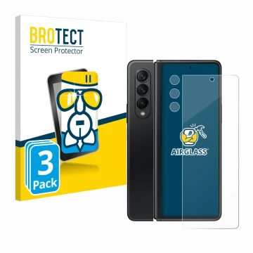 Parte frontal de un envase de producto con el logotipo de la marca BROTECT. Al lado se muestra el dispositivo Samsung Galaxy Z