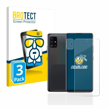 Parte frontal de un envase de producto con el logotipo de la marca BROTECT. Al lado se muestra el dispositivo Samsung Galaxy A