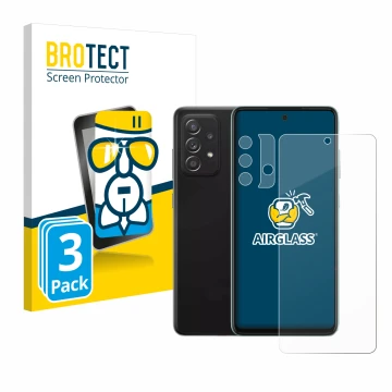 Parte frontal de un envase de producto con el logotipo de la marca BROTECT. Al lado se muestra el dispositivo Samsung Galaxy A