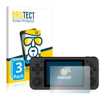 Parte frontal de un envase de producto con el logotipo de la marca BROTECT. Al lado se muestra el dispositivo Anbernic RG351P 