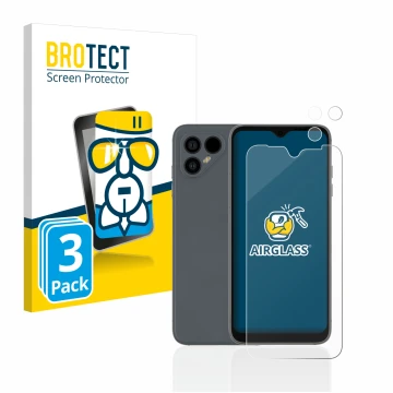 Parte frontal de un envase de producto con el logotipo de la marca BROTECT. Al lado se muestra el dispositivo Fairphone 4 (Fro